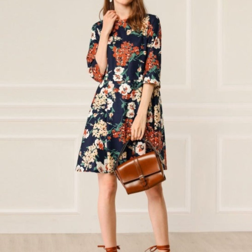 Women's Spring Floral Print Dress 3/4 Sl